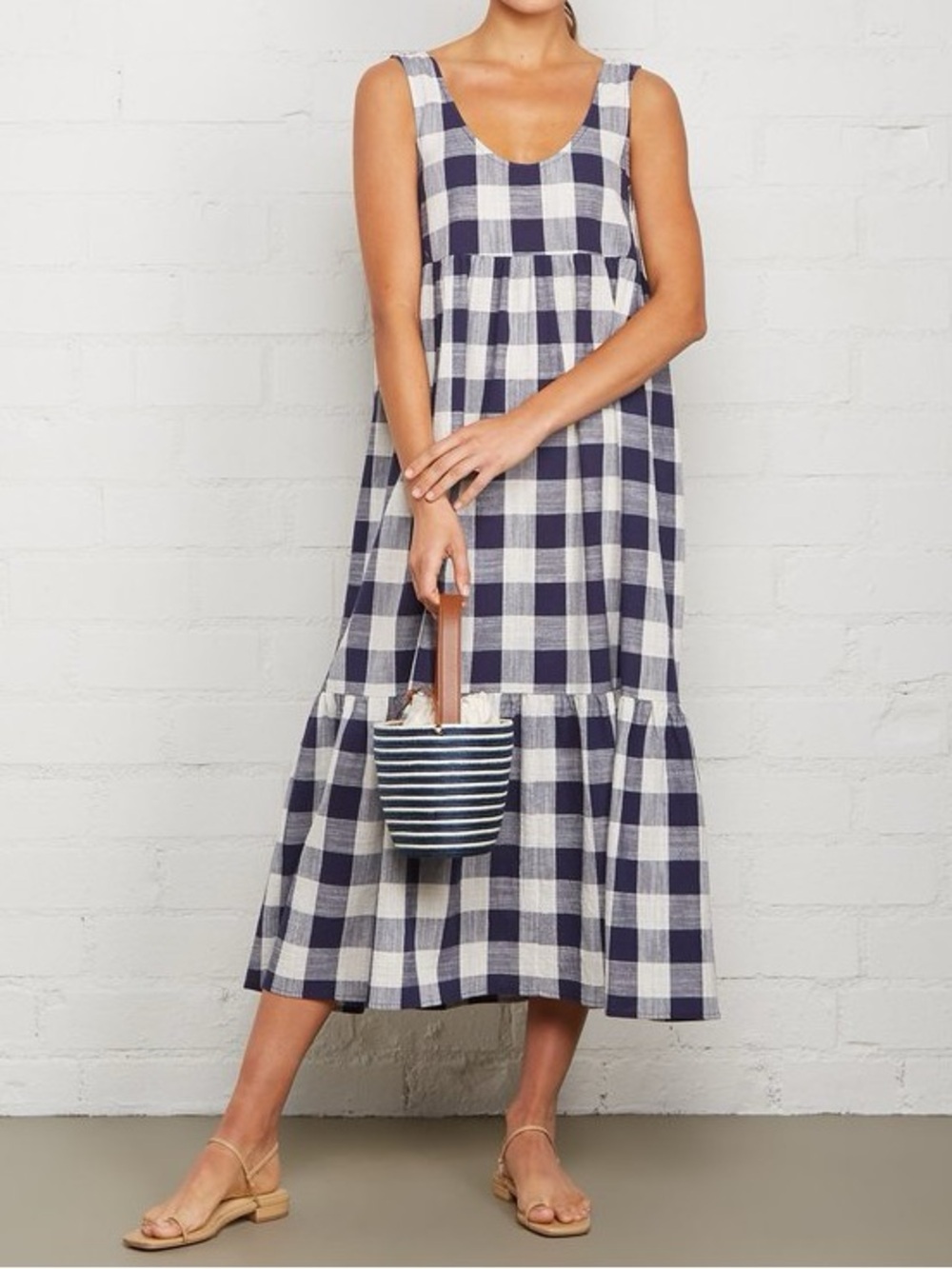 Rachel Pally Picnic Plaid Bri Midi Dress Cotton Blue White Size S